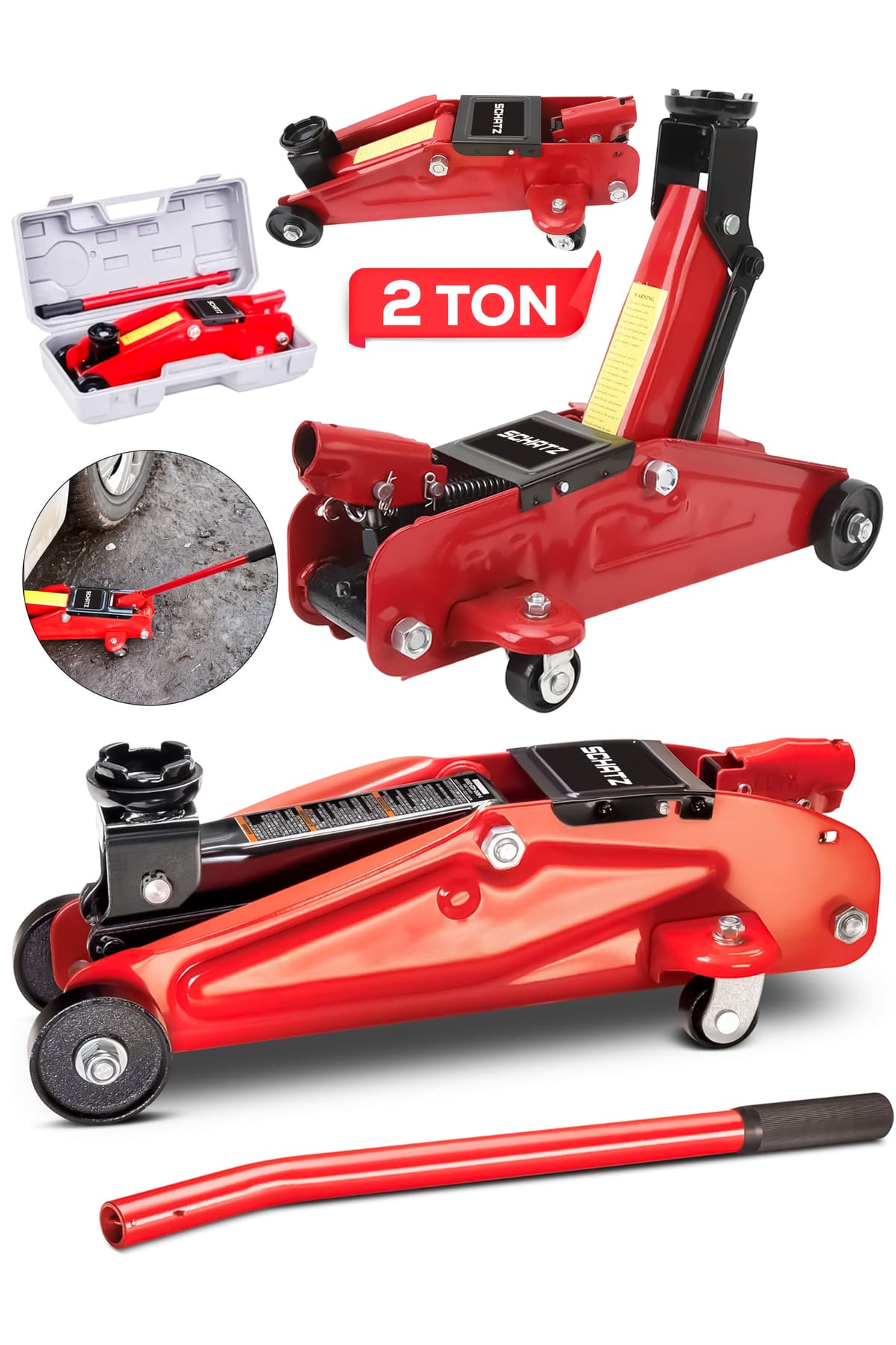 2 Ton Tekerlekli Arabalı Hidrolik Timsah Kriko Çantalı Kırmızı
