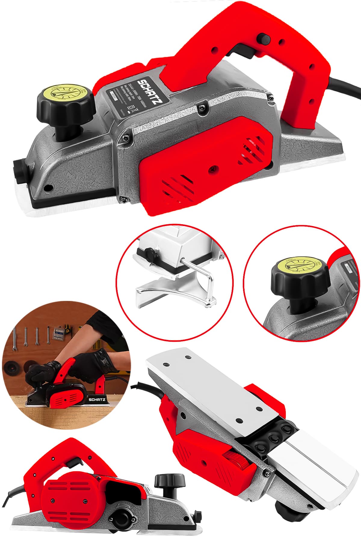 800W Sjs Metal Şanzıman Bakır Sargı Motor Çift Bıçaklı Planya Rende Makinesi Kırmızı