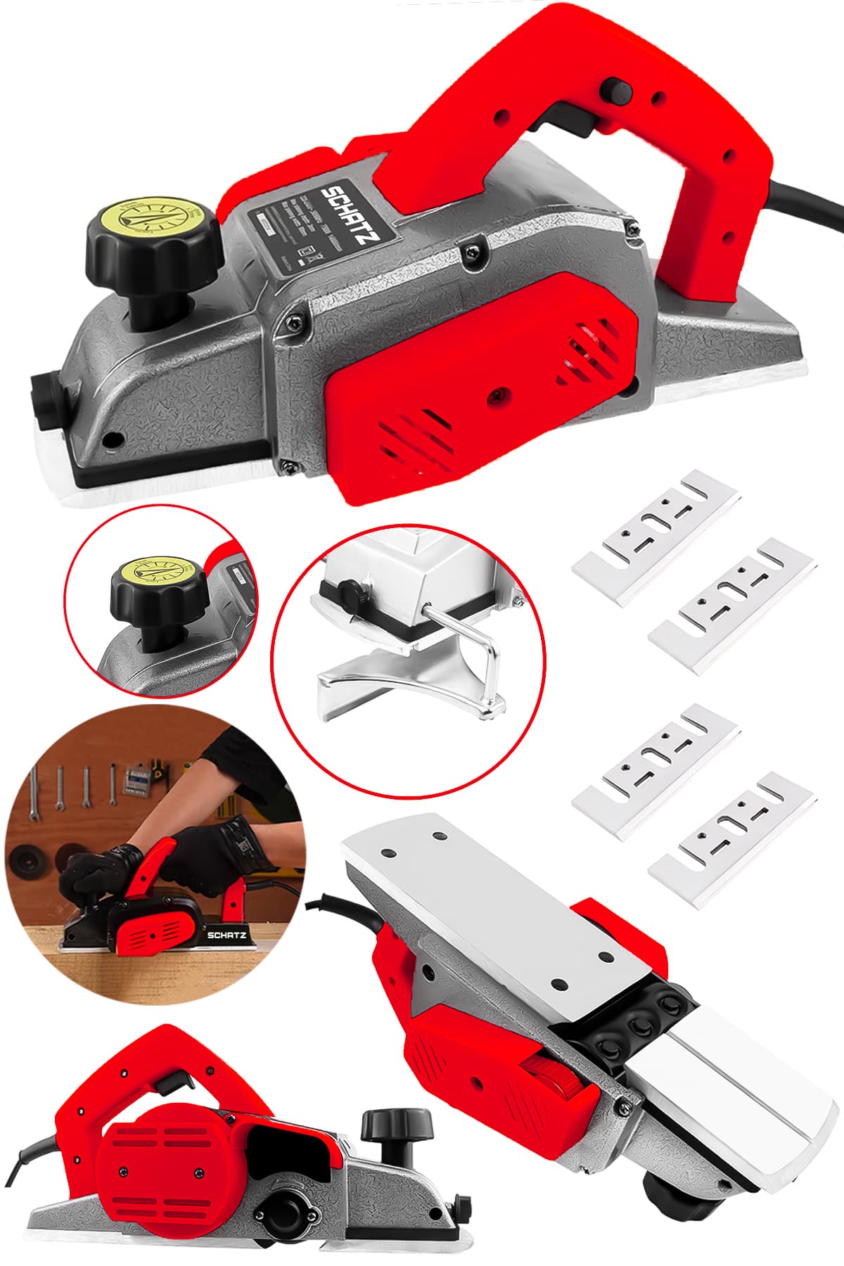 800W Sjs Metal Şanzıman Bakır Sargı Motor Çift Bıçaklı Planya Rende Makinesi Kırmızı + 4 Uç