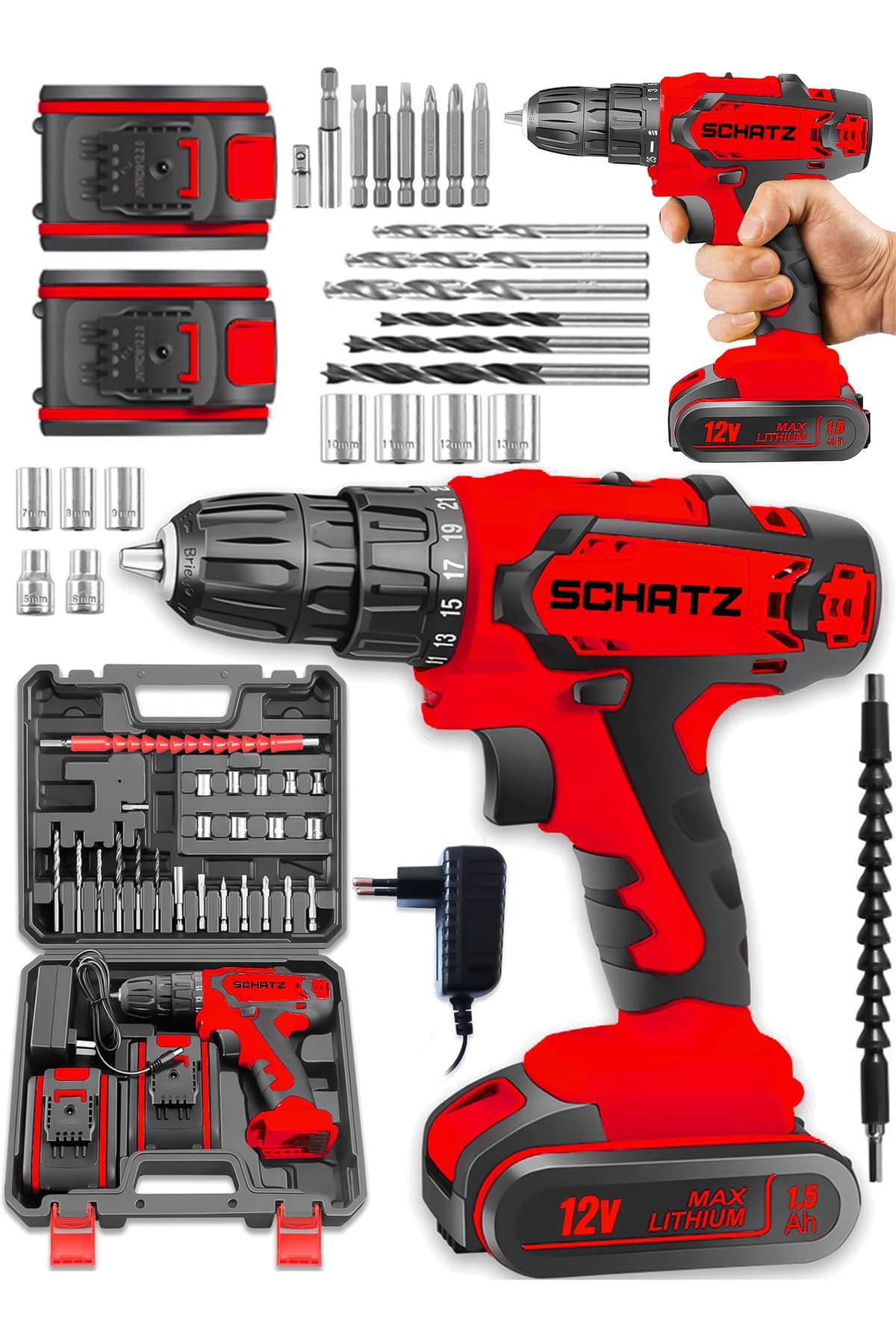 Pro 12v 1.5 Ah Darbeli Çelik Şanzıman Çift Akülü Bakır Sargılı Şarjlı Vidalama Matkap 24 Pcs Kırmızı