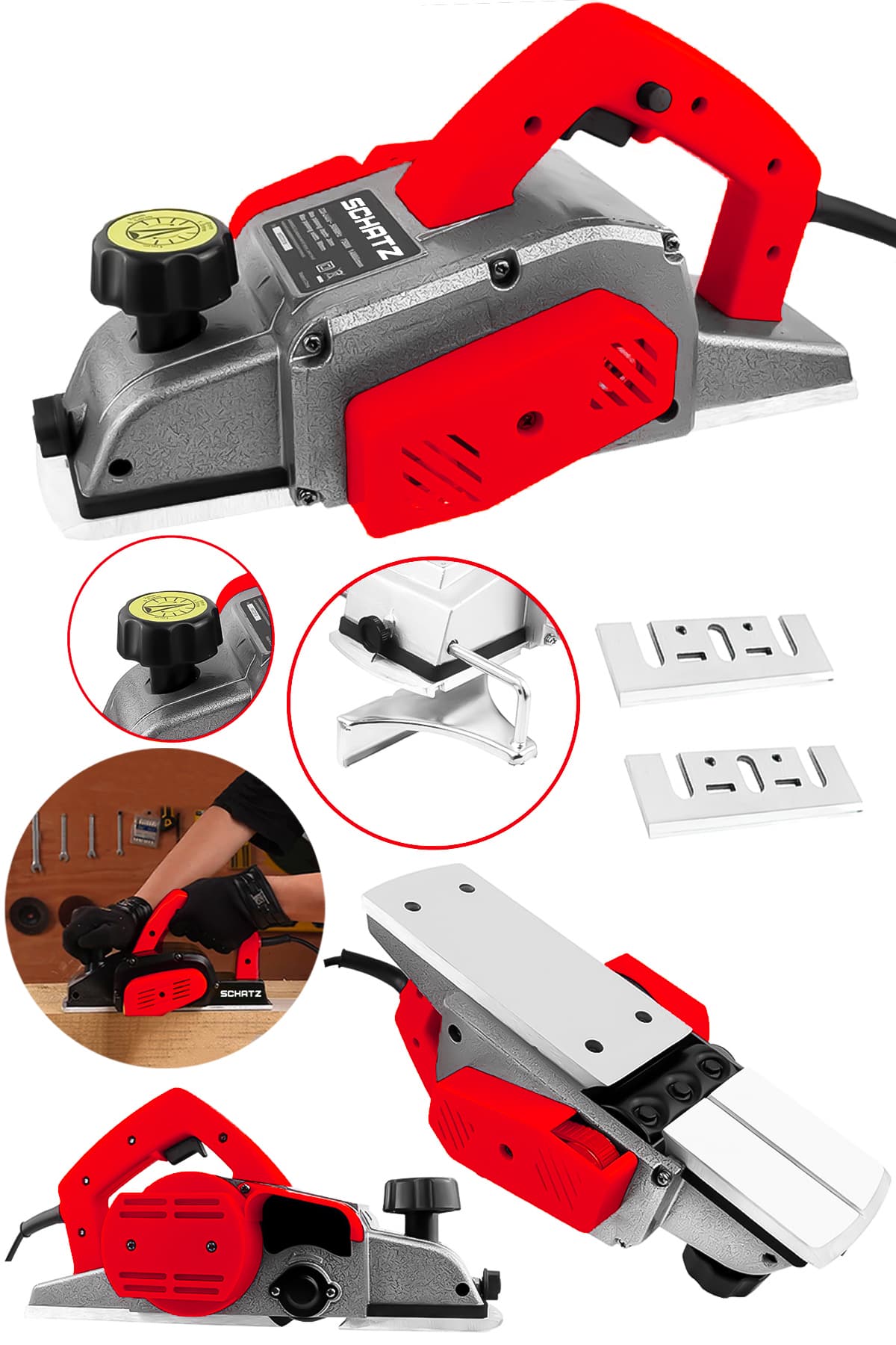 800W Sjs Metal Şanzıman Bakır Sargı Motor Çift Bıçaklı Planya Rende Makinesi Kırmızı + 2 Uç