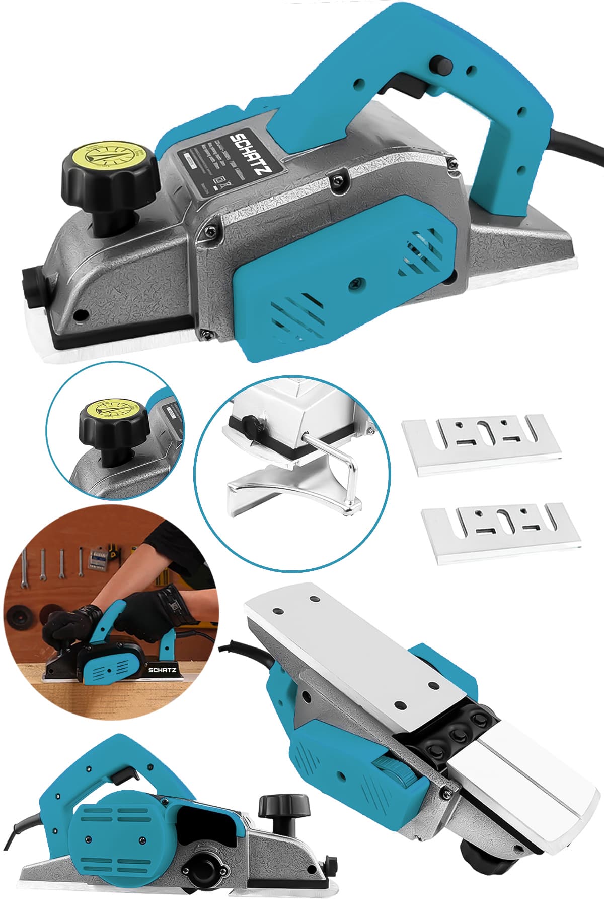 800W Sjs Metal Şanzıman Bakır Sargı Motor Çift Bıçaklı Planya Rende Makinesi Mavi + 2 Uç