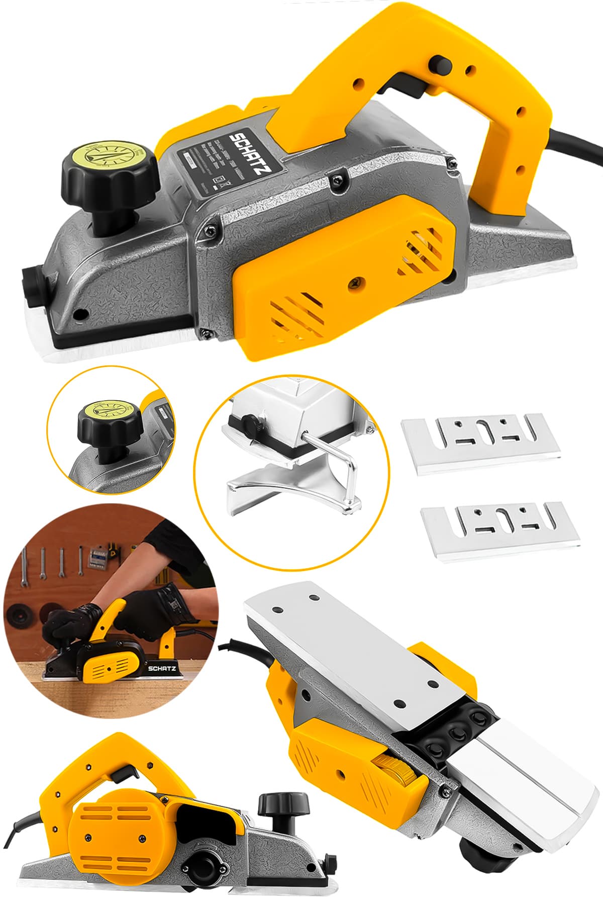 800W Sjs Metal Şanzıman Bakır Sargı Motor Çift Bıçaklı Planya Rende Makinesi Sarı + 2 Uç