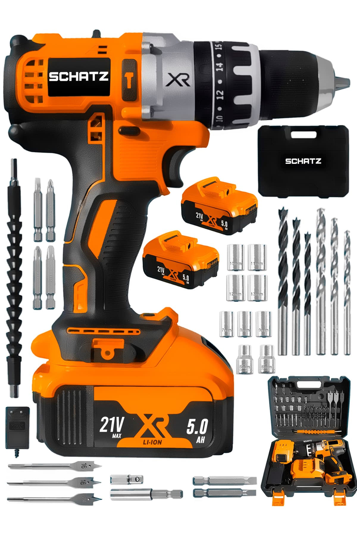 Xr 21V 5 Ah Metal Şanzıman Li-ion Çift Akülü Darbeli Şarjlı Vidalama Matkap Turuncu