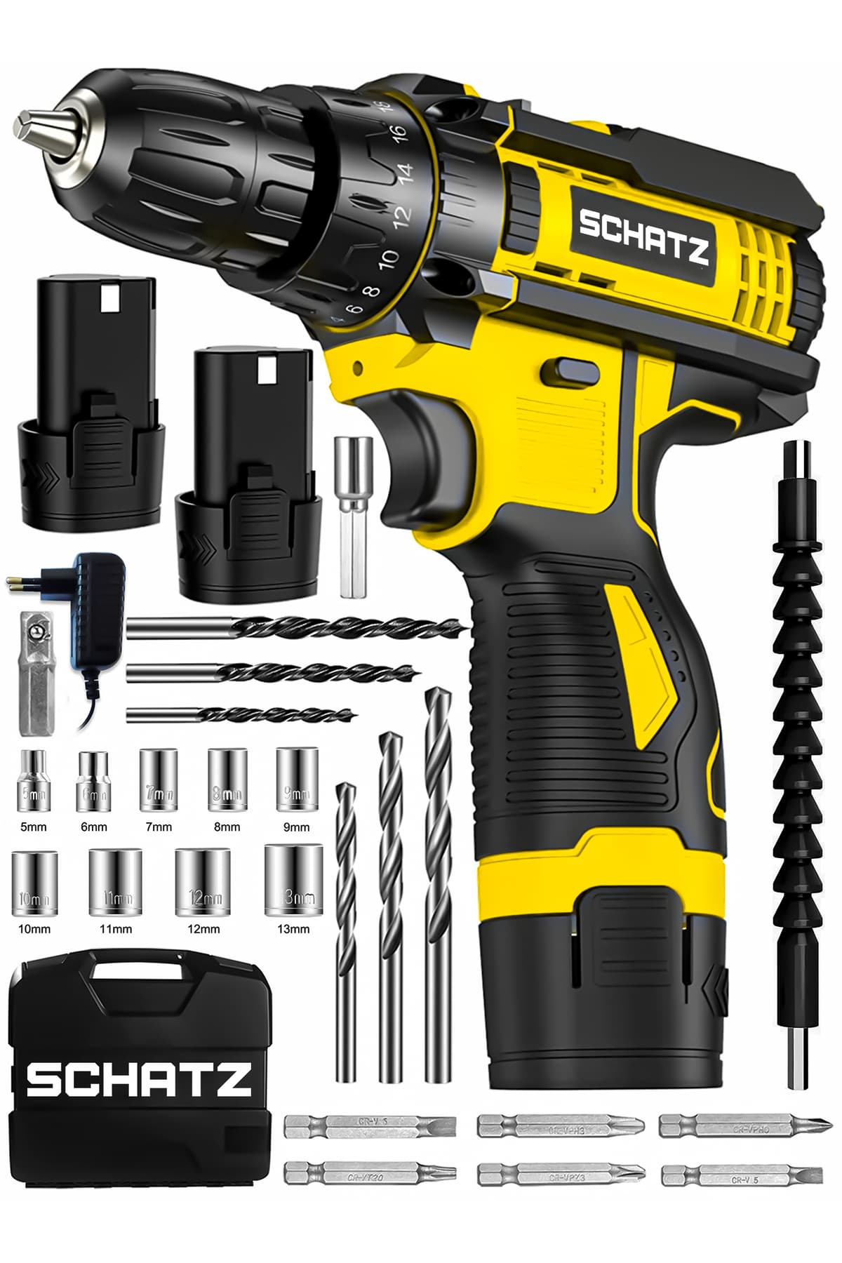12v Çift Akülü Çelik Şanzıman Bakır Sargılı Şarjlı Vidalama Matkap Sarı + 24 Parça Set