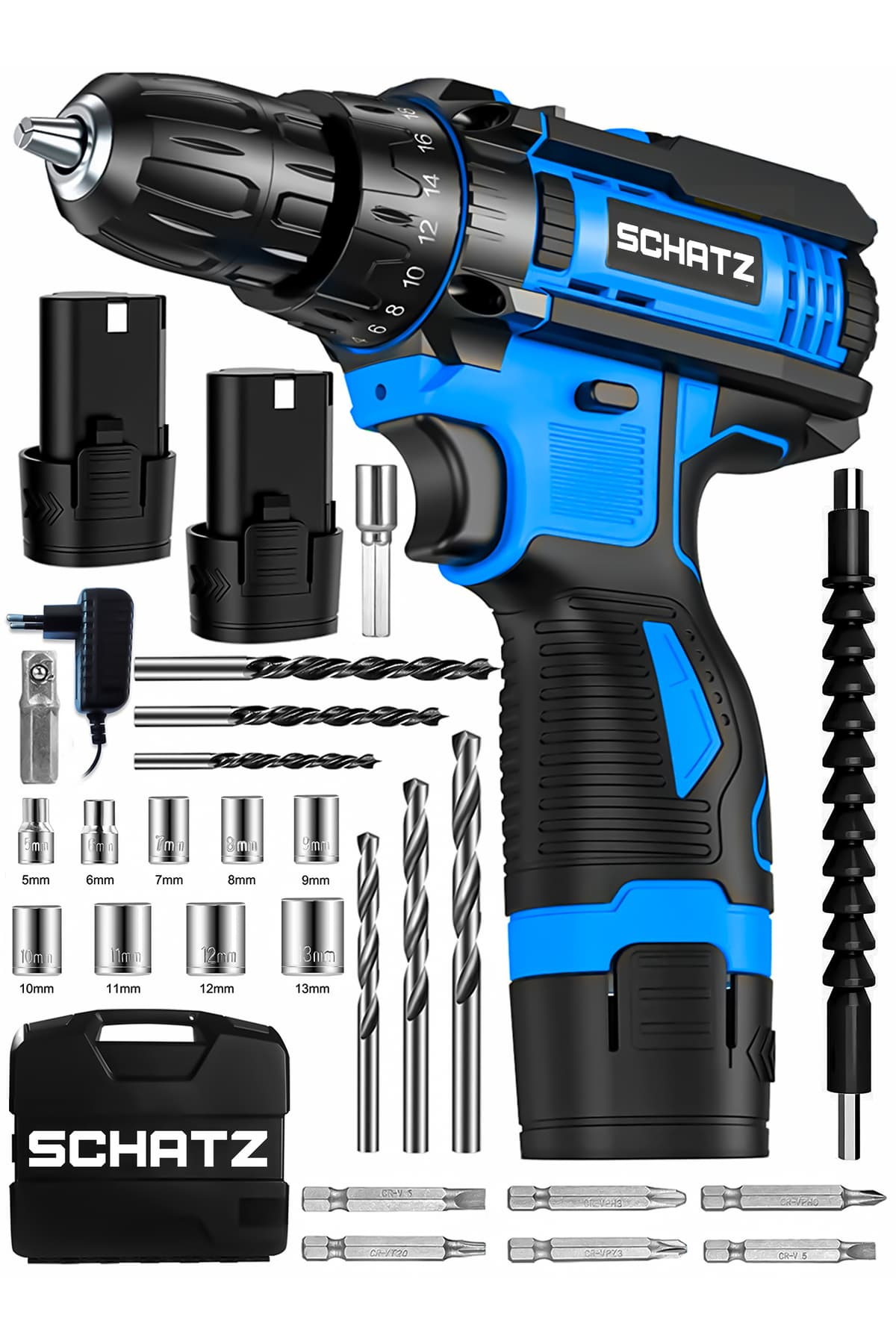 12v Çift Akülü Çelik Şanzıman Bakır Sargılı Şarjlı Vidalama Matkap Mavi + 24 Parça Set