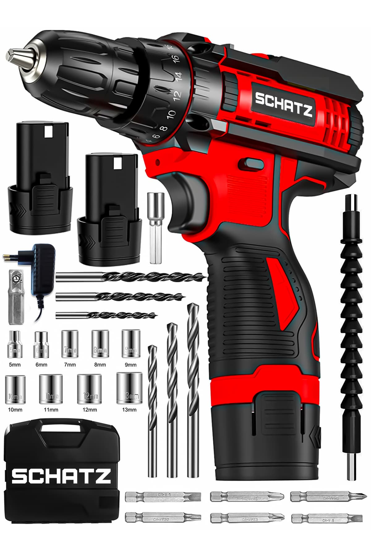 12v Çift Akülü Çelik Şanzıman Bakır Sargılı Şarjlı Vidalama Matkap Kırmızı + 24 Parça Set