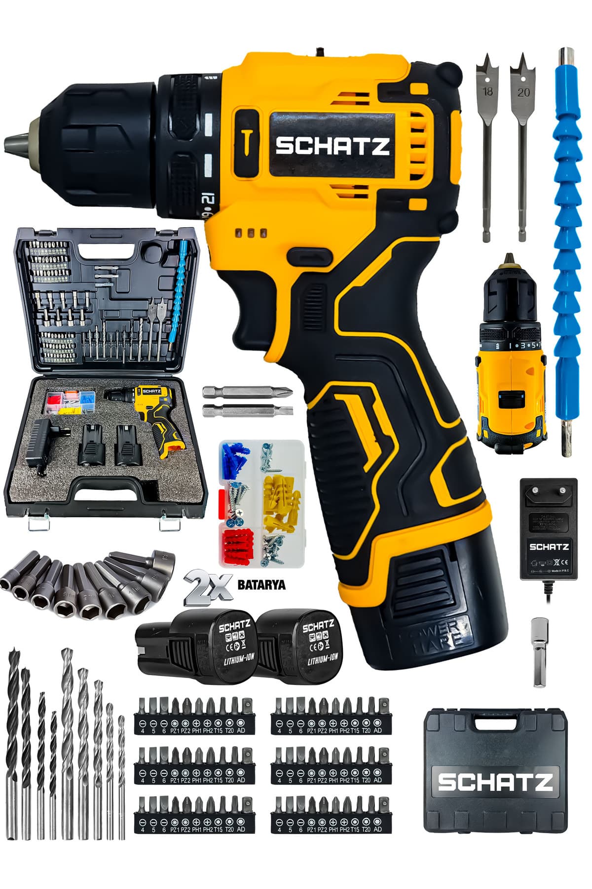 Profesyonel 12v Kömürsüz Motor Çift Akülü Şarjlı Vidalama Matkap 84 Parça Set Sarı