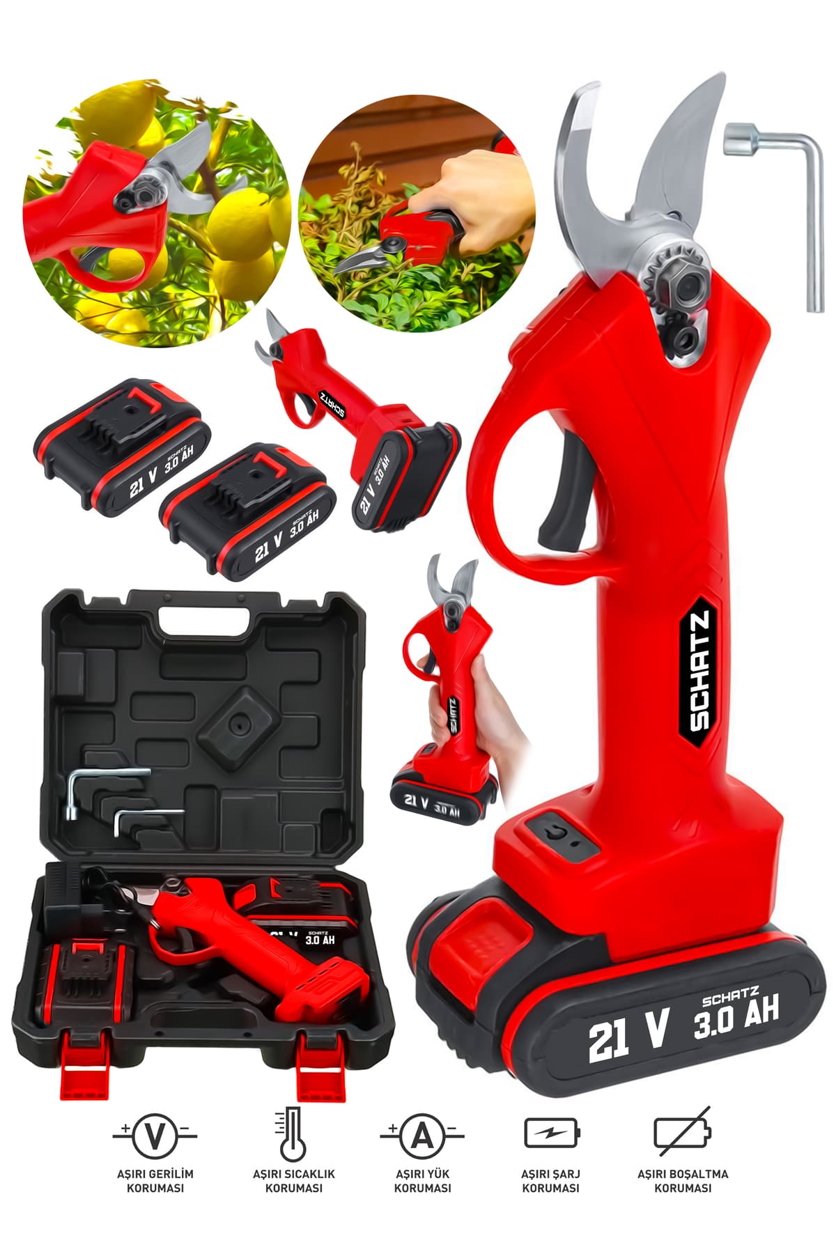 21V Çift Akülü 30mm Çelik Şanzıman Şarjlı Dal Ağaç Kesme Bağ Budama Makası K884147