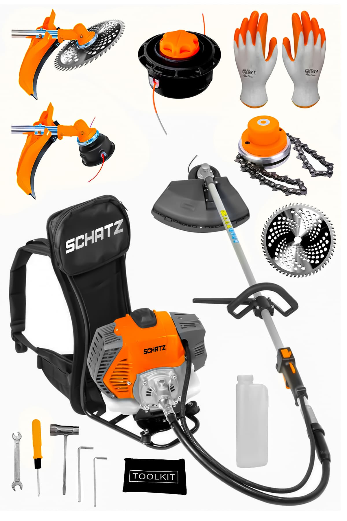 5.9 Hp Sırt Tipi Benzinli Motorlu Ot Çalı Çim Biçme Tırpanı 11000rpm Turuncu + Canavar Başlık