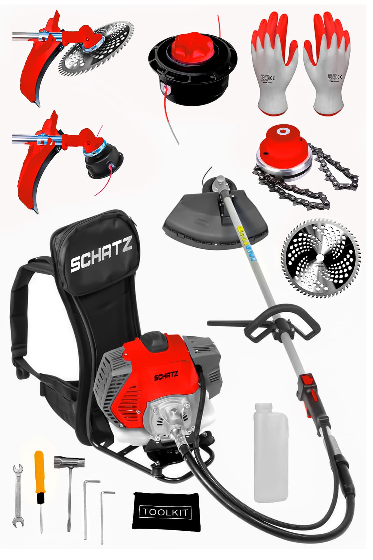 5.9 Hp Sırt Tipi Benzinli Motorlu Ot Çalı Çim Biçme Tırpanı 11000rpm Kırmızı + Canavar Başlık