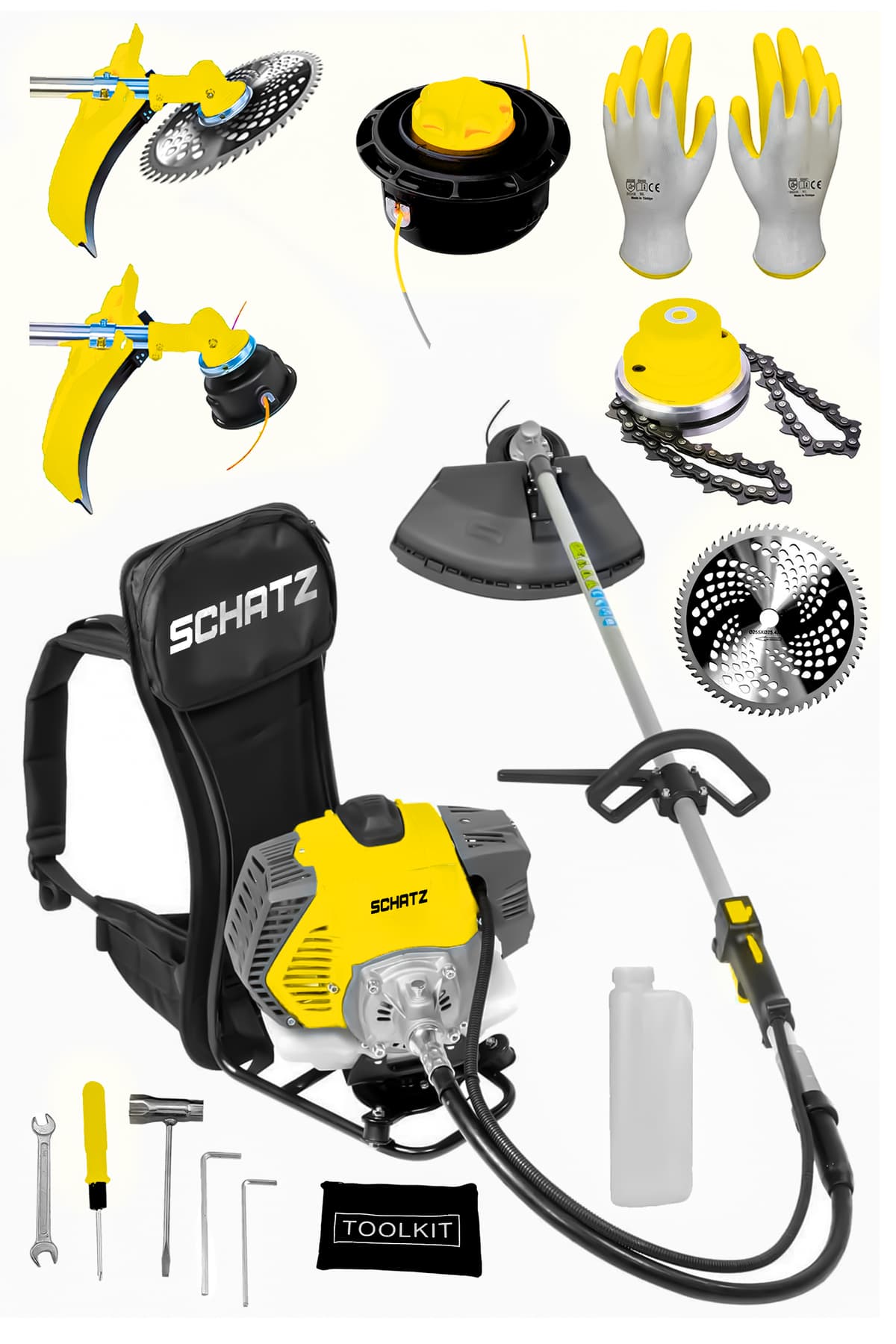 5.9 Hp Sırt Tipi Benzinli Motorlu Ot Çalı Çim Biçme Tırpanı 11000rpm Sarı + Canavar Başlık