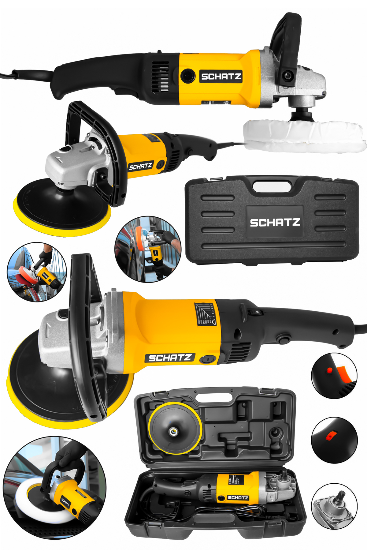 Profesyonel 1200W 6 Kademe Devir Ayarlı Pasta Cila Polisaj Makinesi 180mm Sarı - 2. görünüm