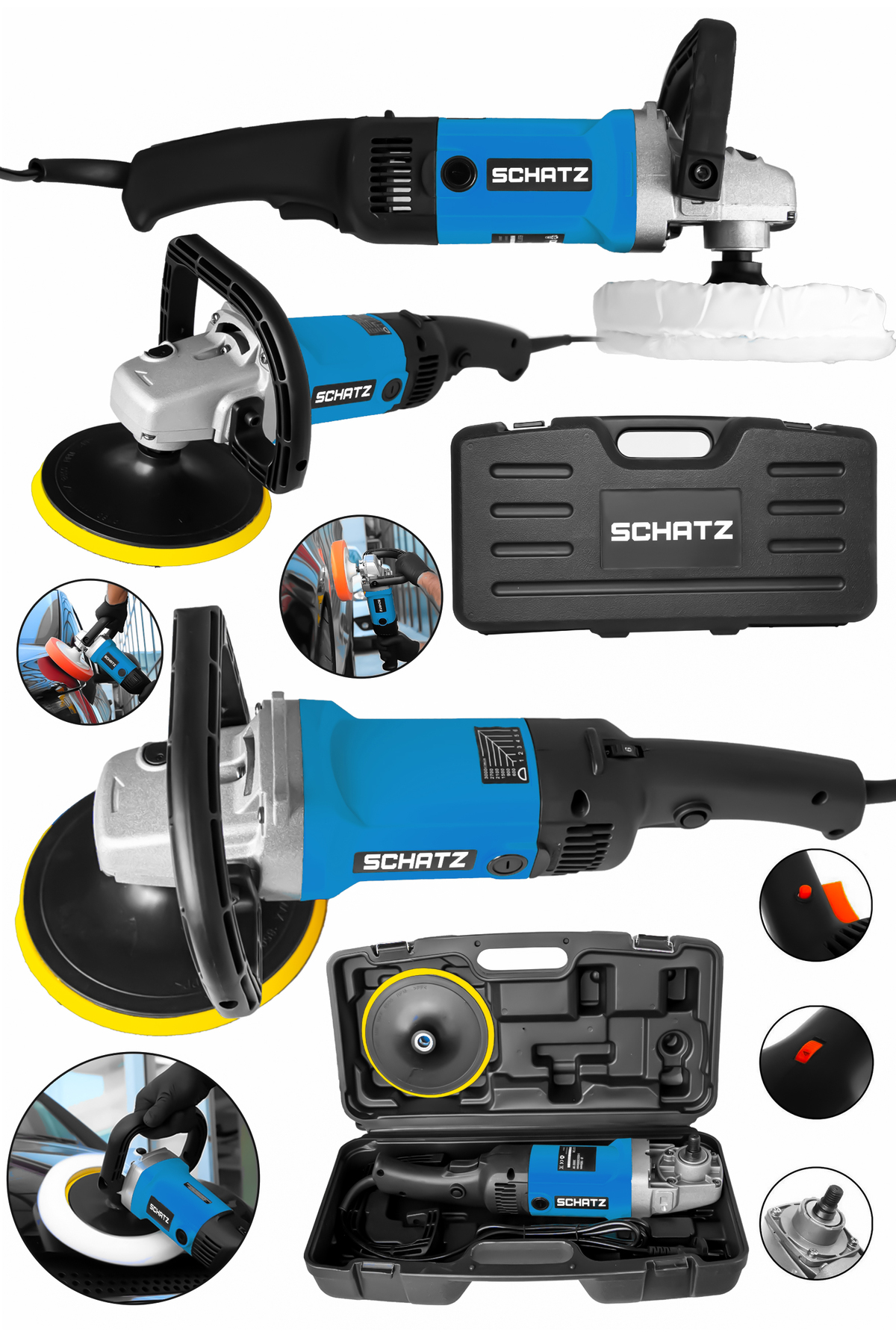 Profesyonel 1200W 6 Kademe Devir Ayarlı Pasta Cila Polisaj Makinesi 180mm Mavi - 2. görünüm