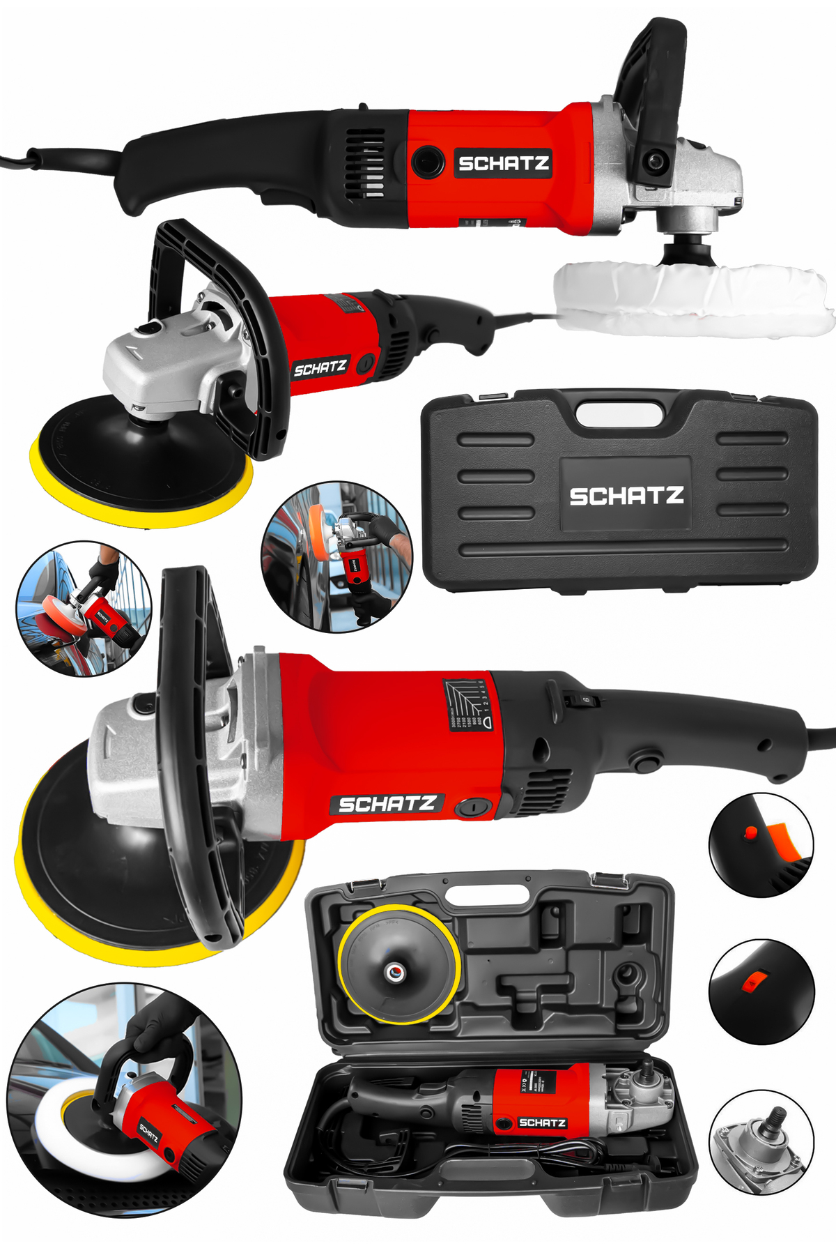 Profesyonel 1200W 6 Kademe Devir Ayarlı Pasta Cila Polisaj Makinesi 180mm Kırmızı - 2. görünüm