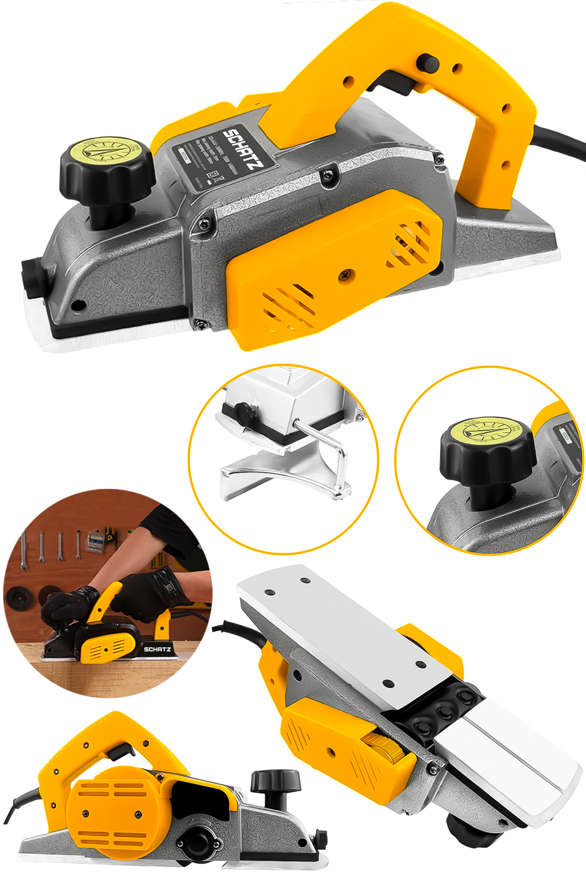 800W Sjs Metal Şanzıman Bakır Sargı Motor Çift Bıçaklı Planya Rende Makinesi Sarı ürün görseli