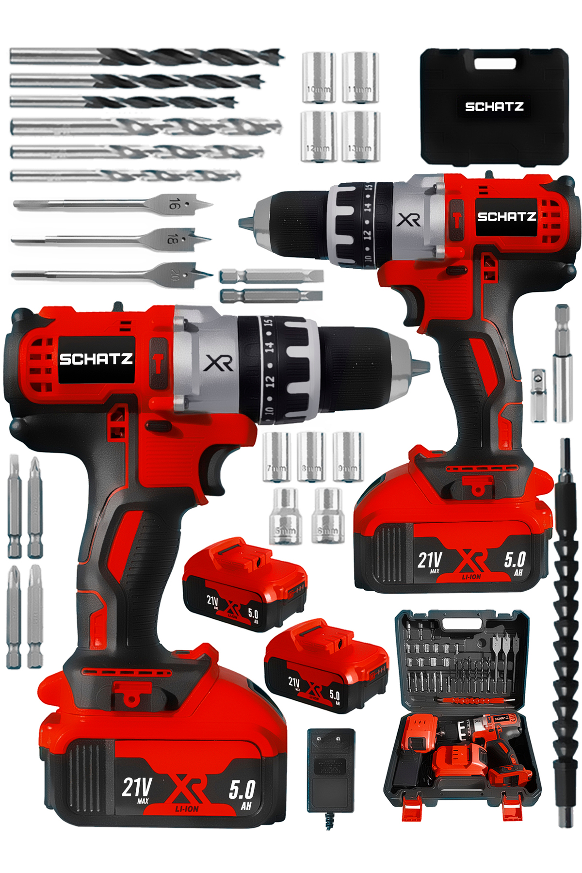 Xr 21V 5 Ah Metal Şanzıman Li-ion Çift Akülü Darbeli Şarjlı Vidalama Matkap Kırmızı - 2. görünüm