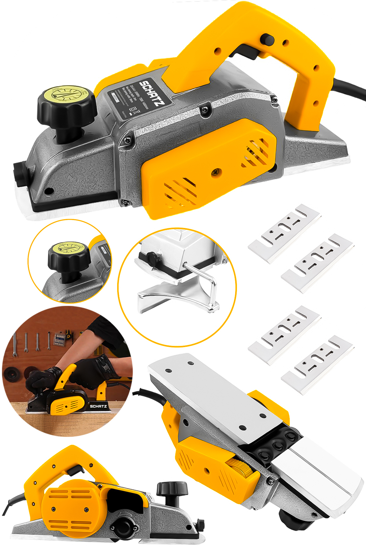 800W Sjs Metal Şanzıman Bakır Sargı Motor Çift Bıçaklı Planya Rende Makinesi Sarı + 4 Uç ürün görseli