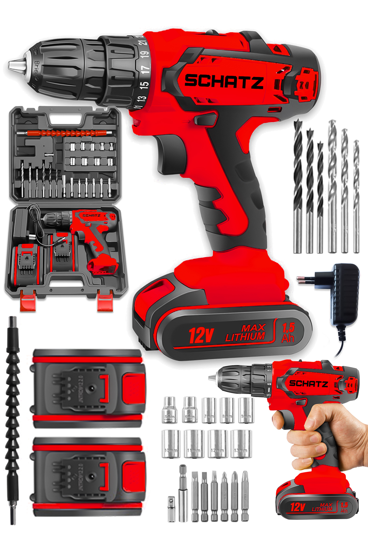Pro 12v 1.5 Ah Darbeli Çelik Şanzıman Çift Akülü Bakır Sargılı Şarjlı Vidalama Matkap 24 Pcs Kırmızı - 2. görünüm