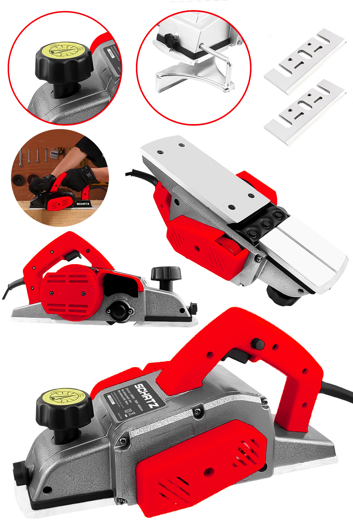 800W Sjs Metal Şanzıman Bakır Sargı Motor Çift Bıçaklı Planya Rende Makinesi Kırmızı + 2 Uç - 2. görünüm