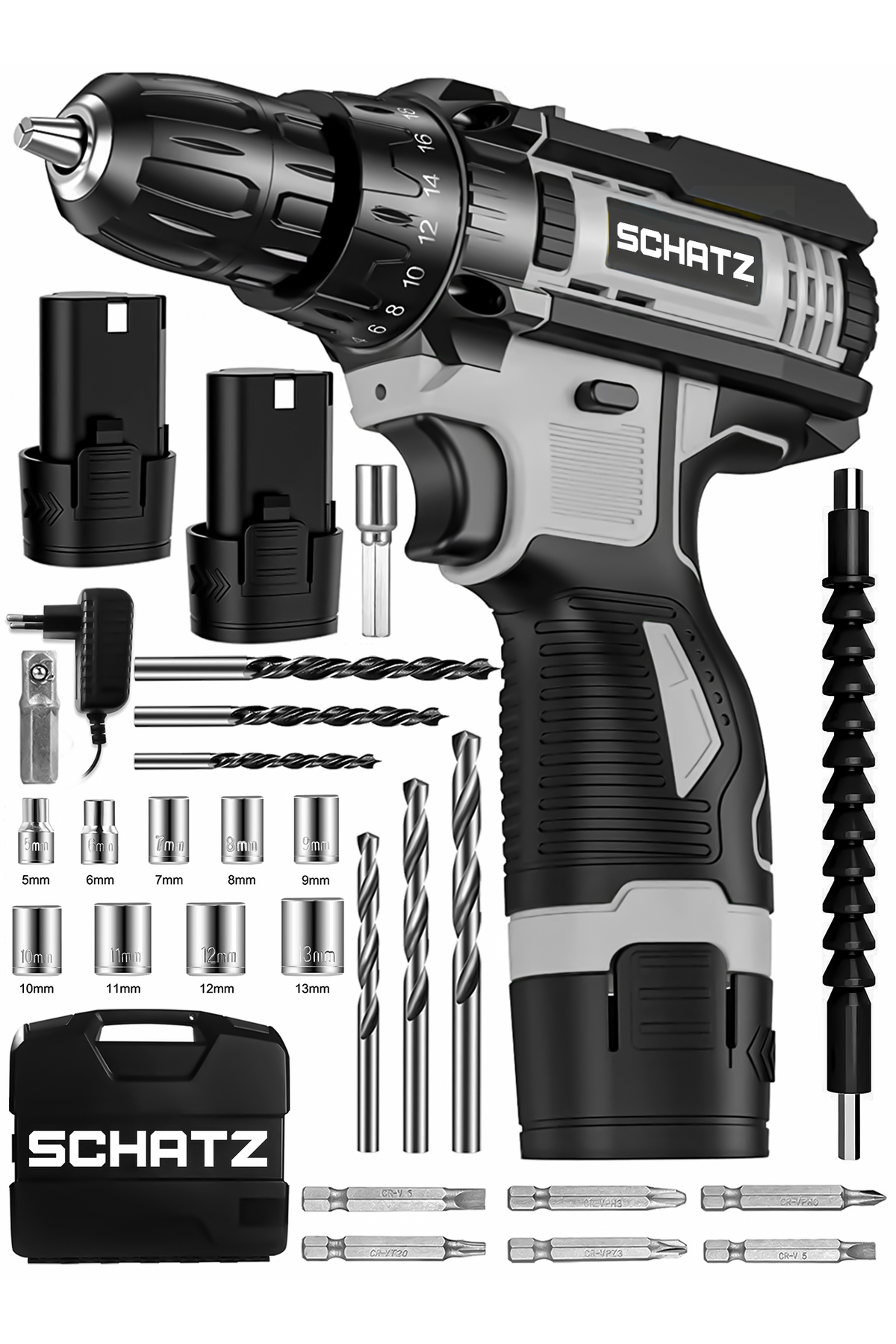 12v Çift Akülü Çelik Şanzıman Bakır Sargılı Şarjlı Vidalama Matkap Gri + 24 Parça Set ürün görseli