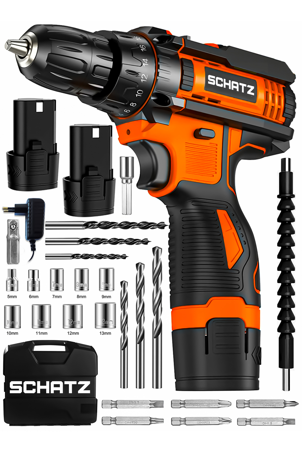 12v Çift Akülü Çelik Şanzıman Bakır Sargılı Şarjlı Vidalama Matkap Turuncu + 24 Parça Set ürün görseli