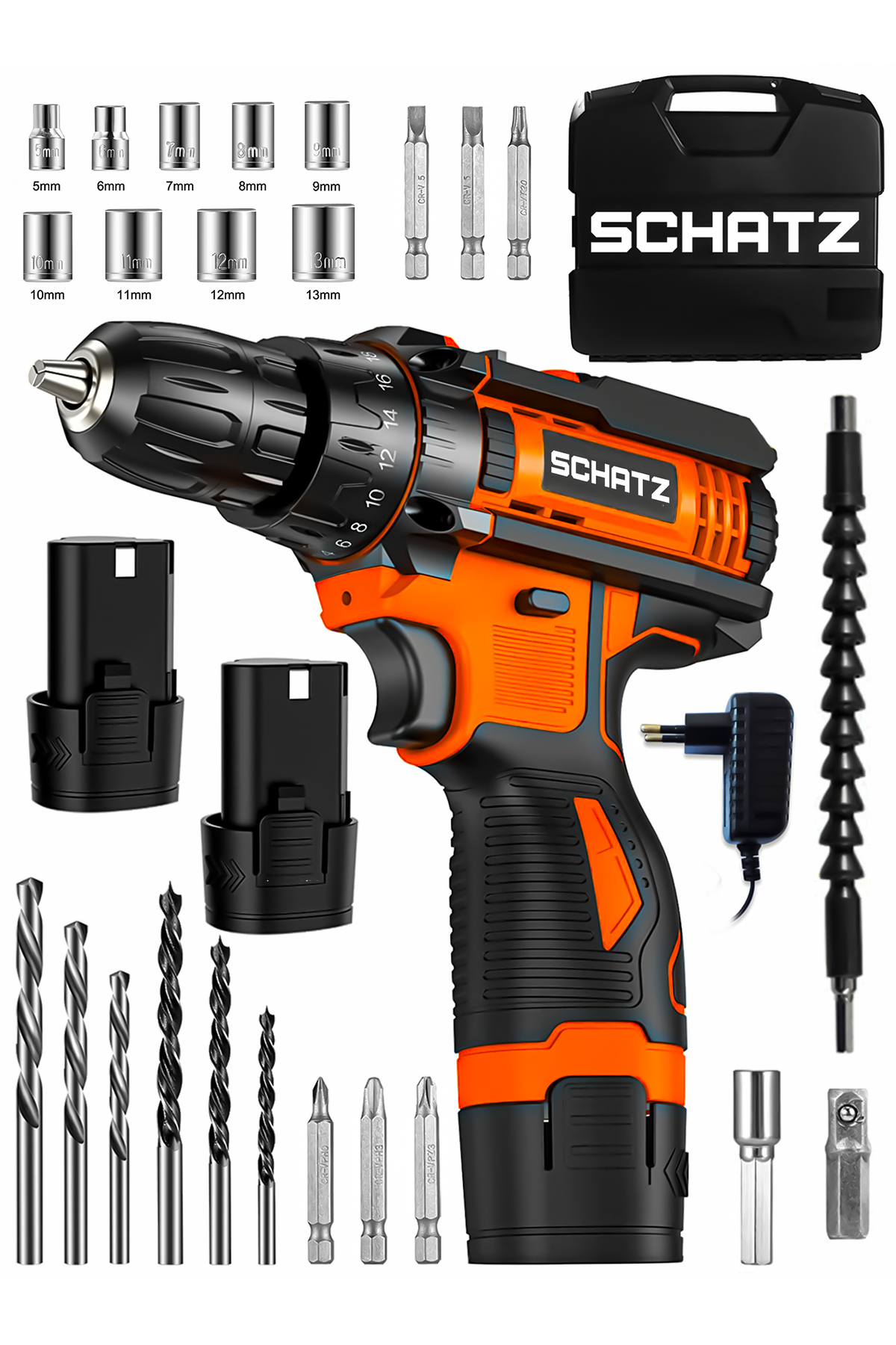 12v Çift Akülü Çelik Şanzıman Bakır Sargılı Şarjlı Vidalama Matkap Turuncu + 24 Parça Set - 2. görünüm